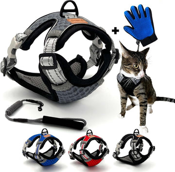 Anti-ontsnapping verstelbaar en reflecterend grijs hondenharnas S - voor katten kittens kleine honden Maine Coon chihuahua met handschoen