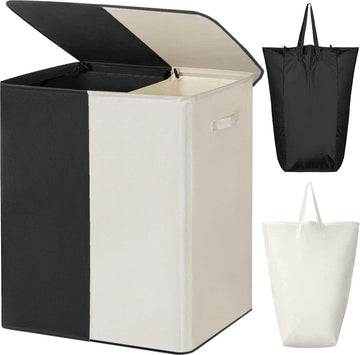 154L Laundry Basket, Laundry Hamper, 2 Compartments with Lid, Large Laundry Basket and Removable Laundry Bag, Large, Foldable, 2 Dividers, Laundry Basket with Handles for Laundry Room (Black +