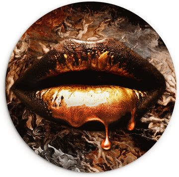 WallCircle - Wandcirkel 60x60 - Goud - Lippen - Kunst - Goud - Luxe - Abstract - Ronde schilderijen woonkamer - Wandbord rond - Muurdecoratie cirkel - Kamer decoratie binnen - Wanddecoratie muurcirkel - Woonaccessoires