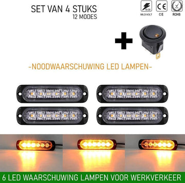 4 stuks Waarschuwingslamp - 12V / 24V LED - 18W - 2000K - Noodverlichting - Werkverkeer - 6 LED - 18 Modes - Flitspatronen - AMBER - Oranje - Knipperlampen - Waarschuwingslampen - Knipper - Gevaar - Noodverlichting -