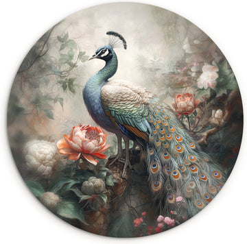 WallCircle® Wandcirkel 60x60 cm - Muurcirkel Pauw - Pauwenveren - Vogel - Bos - Jungle - Bloemen - Muurdecoratie woonkamer - Wanddecoratie slaapkamer - Kamer decoratie accessoires - Ronde schilderijen - Woonaccessoires cirkel binnen