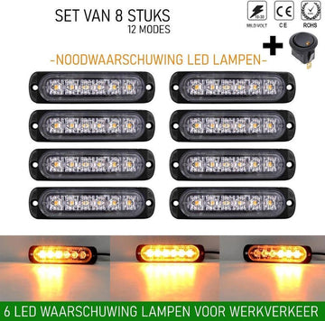 8 stuks Waarschuwingslamp (8-PACK) - 12V / 24V LED - 18W - 2000K - Noodverlichting - Werkverkeer - 6 LED - 18 Modes - Flitspatronen - AMBER - Oranje - Knipperlampen - Waarschuwingslampen - Knipper - Gevaar - Noodverlichting - Knipperlampen