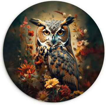 WallCircle® Wandcirkel 60x60 cm - Muurcirkel Uil - Vogel - Bloemen - Planten - Dieren - Botanisch - Muurdecoratie woonkamer - Wanddecoratie slaapkamer - Kamer decoratie accessoires - Ronde schilderijen - Woonaccessoires cirkel binnen