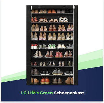LG Life's Green Opvouwbare Schoenenkast - Schoenenopslag met 10 legplanken - Opbergkast - Stoffen Kledingkast - 80KG Draagvermogen - Zwart - 100 x 28 x 164 cm