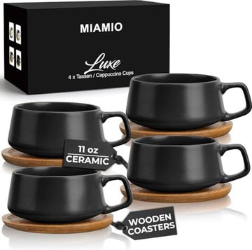 Set van 4 keramische theekopjes en schotels, 320 ml, bamboe/theemok, brede cappuccinokopjes, koffiekopjes, keramische mok voor cappuccino, latte, espresso en Americano - luxe collectie (zwart)