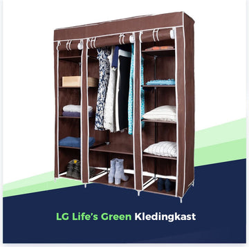 LG Life’s Green Opvouwbare Kleerkast – 143x44x169CM – Kledingrek met 12 Legplanken en Ophangstang – Stoffen Kledingkast – 225KG Draagvermogen – Bruin