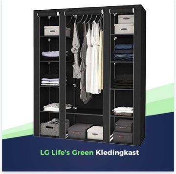 LG Life’s Green Opvouwbare Kleerkast – 143x44x169CM – Kledingrek met 12 Legplanken en Ophangstang – Stoffen Kledingkast – 225KG Draagvermogen – Zwart