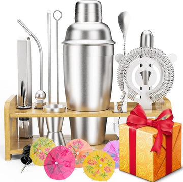 Cocktail Shaker Set Father's Day Gift - 750 ml Stainless Steel Bonus Cocktail Shaker Cocktail Set Book, Cocktail Barkeep Set, Bar Accessories Counter Shaker Bar Mixer with Wooden Stand, Birthday Gift