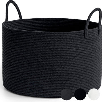 Wasmand, gevlochten opbergmand, grote katoenen mand, handdoekmand voor badkamer, mand voor dekens woonkamer, kussens, babyspeelgoed, opbergmand, 55 x 35 cm, rond, zwart