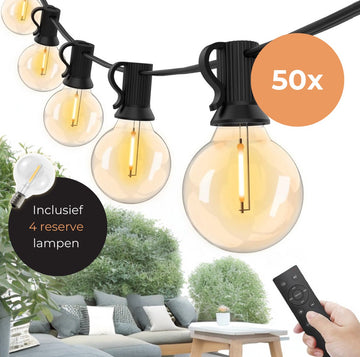 Lichtsnoer Buiten & Binnen – Lichtslinger 17 meter met 50 LED's – Tuinverlichting Led - Sfeerverlichting - Prikkabel - Lampjes Slinger - feestverlichting - Met Afstandsbediening & Dimfunctie - 4 extra Leds
