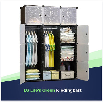 LG Life's Green Modulaire Opbergkast – 110x46,5x145CM – Kast met 12 opslagvakken en 2 ophangstangen – Kunststof Kledingkast – Vakkenkast – Zwart
