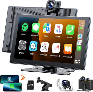 9 inch Carplay scherm met 4K dashcam - 1080p back-up camera - draagbare autoradio - draadloze A-pple auto spelen - Android Auto - Mirror Link - GPS-navigatie - G-sensor - loop-opname - AUX - FM Dashcam voor auto