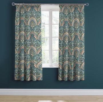 Groenblauwe Jacobean Gordijnen - B 66 x L 72 (168 x 183cm) - 2x Tie Backs - Bloemen- Exotische Plissé Gordijnen - Marokkaanse Boheemse - Blauwblauw Damast Gordijnen