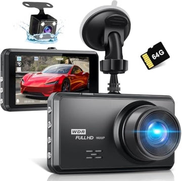 2,5 K dashcam voor de auto, voor achter, 64G SD-kaart, 1600P + 1080p FHD Dual Dash Cam, 3,2 inch IPS-scherm, autocamera, 176° + 160 ° groothoek, autocamera, G-sensor, nachtzicht, WDR