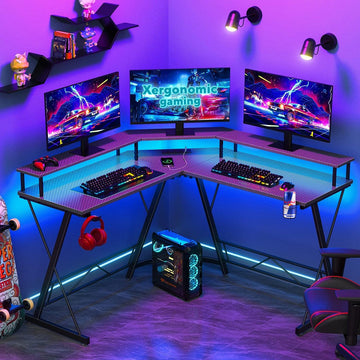 Xergonomic Game bureau – 127 x 127 x 74.4 cm – Hoekbureau - Game tafel - LED-Verlichting - Gaming Desk – 2 EU stopcontacten & 2 USB-poorten ingebouwd – Zwart