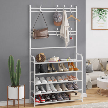 Eleganca Kledingrek met planken – H153 x B60 x D26 cm – Schoenenrek – Garderoberek – Ruimtebesparend – Stevig en stabiel – 2-in-1 hangerrek - 5 planken - Metaal - Wit