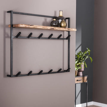 Wandkapstok Air solid | 12 haken | 100 x 30 x 80 cm | kapstok met hoedenplank | massief naturel acaciahout met zwart matelen frame | landelijk / industrieel