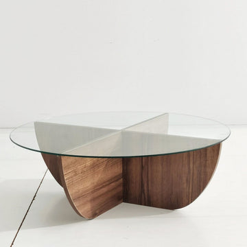 Salontafel half rond glas hout - walnoot - 90x30 cm - gehard glass - Retro - bijzettafel rond glas