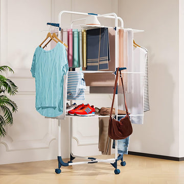 Kledingdroger Toren, opvouwbaar en ruimtebesparend, 3 niveaus, 6 opvouwbare vleugels, oprolbaar en stabiel, mobiele toren kledingdroger, droogrek voor grote gezinnen binnen en buiten, Wit en Blauw