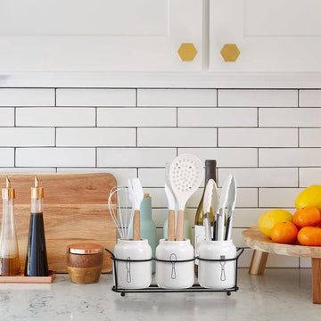 3-delige bestekbak keramisch - organizer keukentafel kast keuken - SUMNACON - lepelhouder aardewerk - bestekhouder keukengerei