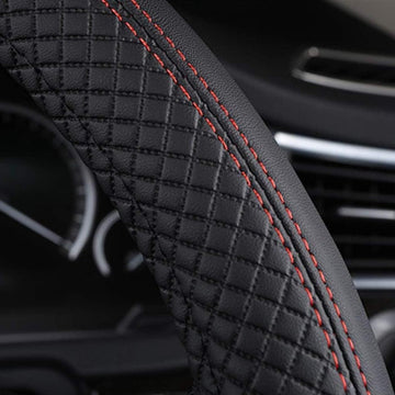 Auto Stuurhoes Heavy Duty van leer 38 cm - Antislip Universele Stuurhoes - Zwart & Rood - Auto Vuilnisbak Stuurhoes auto