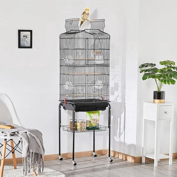 Luxe Papegaaienkooi - Parkietenkooi - Grote Vogelkooi - voor Binnen - op Wieltjes - Inclusief Speelgoed - Met Badhuis - 46x36x160cm - Zwart - Staal