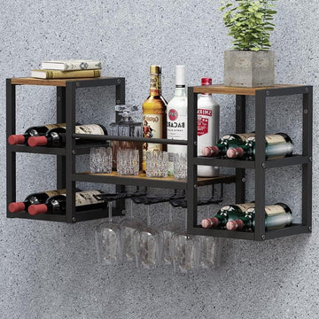 Wijnrek voor aan de muur met 3 stoomglazenhouders - multifunctioneel wijndisplay voor thuisbar en keuken met gedeeltelijk houten plank en zwarte metalen flessenhouder