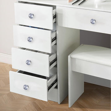 Make-uptafel met ledverlichting en kruk - Kaptafel met spiegel - 3 lichtkleuren - Make-uptafel met 6 planken - 6 laden - Voor slaapkamer - 80 x 36 x 131 cm make up tafel
