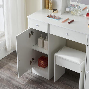 Make-uptafel met spiegel en kruk - Wit - Kaptafel met verlichting - 4 laden - 7 vakken - Slaapkamer - 83 x 36 x 140 cm make up tafel