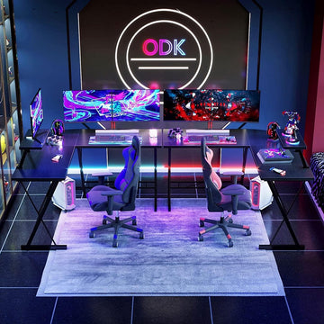 Gamebureau – L Vormig Hoekbureau – Gaming Desk – Computertafel – Waterproof & Krasbestendig Gaming Bureau – 130x130x96,5 cm – Game Tafel met Monitorstandaard – Eikenhout Bureaublad – Verstelbaar Werktafel – Zwart