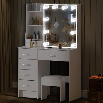 Make-uptafel met verlichting - Kaptafel met spiegel en kruk - Wit - 3 kleuren licht - 6 planken - 6 laden - Slaapkamermeubel 80 x 36 x 130 cm make up tafel