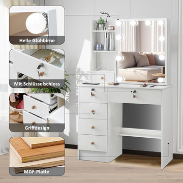 Make-uptafel met verlichting en kruk - verstelbare lichtkleur - kaptafel met 6 schuifladen - opbergvakken voor slaapkamer - 80 x 36 x 130 cm make up tafel