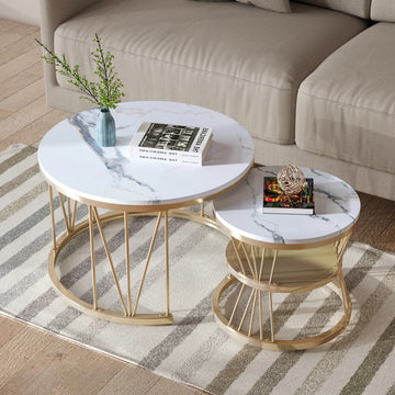 Moderne nestbare salontafel - Set van twee salon tafels - Gouden Frame - Bijzet tafels Wit met goud - 70 cm en 45 cm - Zwart met goud