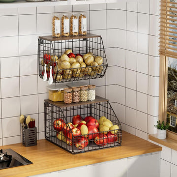 Hangende Fruitschaal - 2 Stuks Fruitmand Wandfruitmand Keukenorganizer met Houten Deksel - Stapelbare Groentemand voor Groenten Fruit Snacks Broodhouder