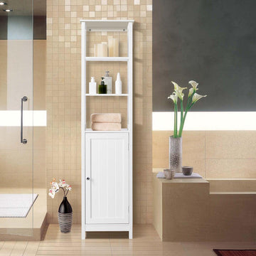 hoge kast, badkamerkast, staand rek, badkamerrek, met 3 open compartimenten, verstelbare plank, voor badkamer, woonkamer, keuken, 160 cm hoog, wit