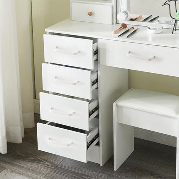 Make-uptafel met kruk en spiegel - Kaptafel met verlichting en 3 kleuren - Instelbare helderheid - 6 schuifladen make up tafel