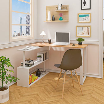 Schrijftafel TS65hei Hoekbureau Hoekbureau Hoekcombinatie Computertafel Bureautafel Werktafel PC Laptop Tafel met legplanken, 120x100x74cm (BxDxH), MDF, licht eiken