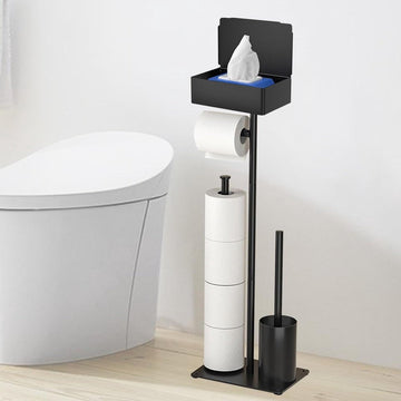 Toiletpapierhouder met WC-borstel - Roestvrij staal zwart - Vochtige doekjesbox - Staand papierhouder voor keuken en badkamer wc butler