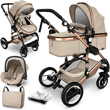 Kinderwagen 3 in 1 - Babywagen 3 in 1 - Wandelwagen - Kinderwagen 3 in 1 Incl Autostoel - Beige/Koper Goud