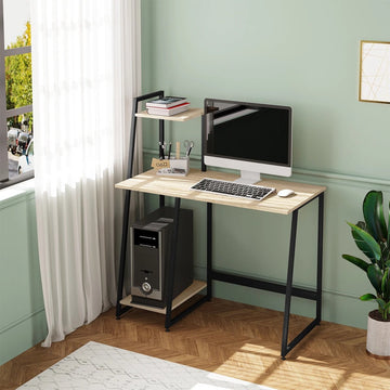 RM Store® - Computer Bureau - Computer Tafel - Computer Meubel - Werktafel - Kantoor Tafel - Werkbureau - 4 Planken - Industrieel - Stalen Frame - Hout - Zwart - 98x118x50 cm.