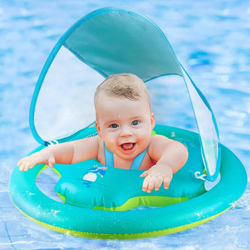 Baby Swim Ring with Double Airbag and UPF50+ Sun Canopy - Adjustable Inflatable Swimming Seat - Swimming Trainer Float for Toddlers from 6-36 Months