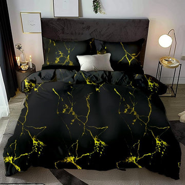3D beddengoed, 135 x 200 cm, marmerpatroon, zwart, goud, omkeerbaar beddengoedset, esthetisch, elegant, voor mannen en tieners, dekbedovertrek en kussensloop 80 x 80 cm, met ritssluiting