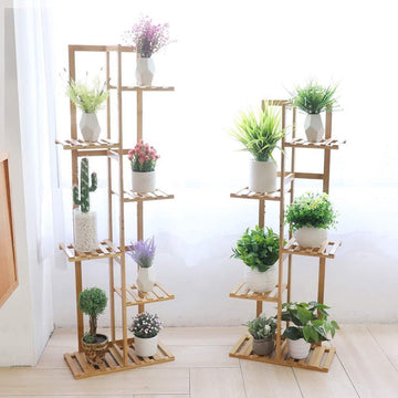 Plantenladder Bamboe 6 Potplanten Pothouder Stand Hoog 5 Lagen - Binnen Buiten Opslag Display Rek - Waterdichte Bloemenstandaard met Standplaats voor Bonsai Patio Tuin Plantenladder
