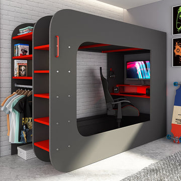 Hoogslaper 90 x 200 cm - Met game bureau en opbergruimte - LEDs - Antraciet & rood - WARRIOR L 238.1 cm x H 183.6 cm x D 97.6 cm
