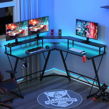 Xergonomic Game bureau – 127 x 127 x 74.4 cm – Hoekbureau - Game tafel - LED-Verlichting - Gaming Desk – 2 EU stopcontacten & 2 USB-poorten ingebouwd – Zwart