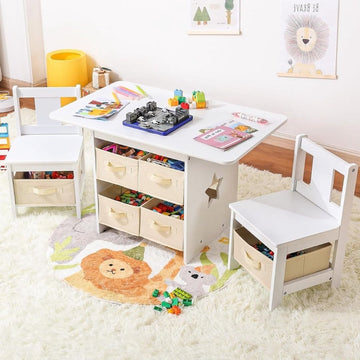 Kindertafel Met Opbergruimte - Kindertafel Met Stoeltjes – Kinderbureau – Inclusief Bankje Met Veel Opbergruimte - Set van 4: 1 x tafel + 2 x stoelen + 1 x kistbank