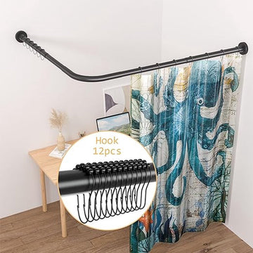 Rekbaar 304 roestvrij L-vormige badkamer badkuip hoek douchegordijn rail rek (groot formaat zwart 2, 90-120 cm x 120-165 cm)
