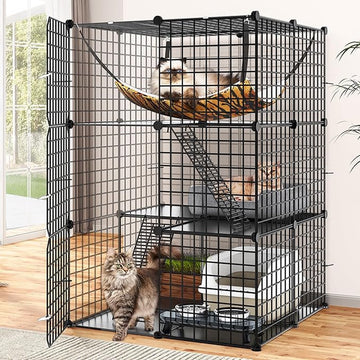3-laags doe-het-zelf kattenbox met hangmat voor 1-2 katten - indoor kattenverblijven met metalen draaddichtheid - geschikt voor fret, chinchilla, konijn 72 x 72 x 104 cm