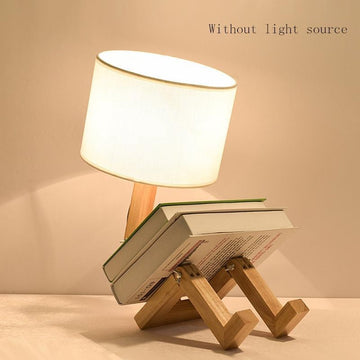 TDR - LED bureaulamp met boekenhouder - Scandinavisch design - Witte stoffen kap - Houten mannetje met verstelbare gewrichten - Zonder lichtbron