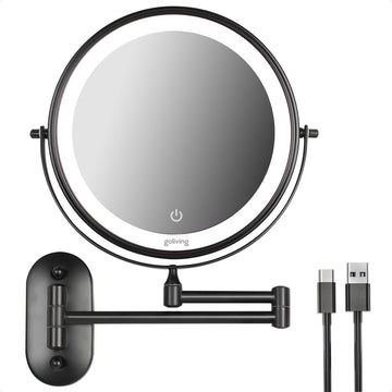 Goliving Make Up Spiegel Met Verlichting - Ø25 cm - 10x Vergroting - Dimbare Make-upspiegel - Scheerspiegel - LED Verlichting - USB-C Oplaadbaar - Dubbelzijdig - 27 x 27 cm - Zwart